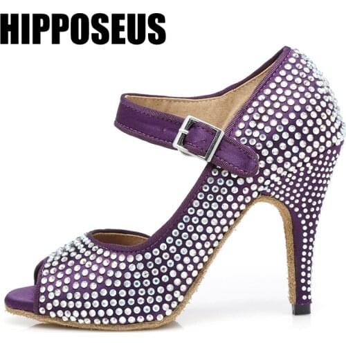 Hipposeus Dance Shoes Ballroom Rhinestone Women Latin Dance-Shoes Girls Salsa Ladies Tango Thin Heel Soft Party Dancing Shoes