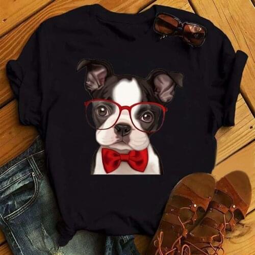 Fashion Cute Dogs with Glasses Print Women T-shirt Summer Loose Plus Size Female T-shirt Round Neck Harajuku Black Tops Tees