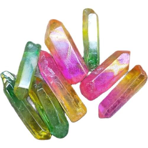 A set of 8pcs Green and Yellow and pink Aura Quartz Crystal Point Titanium Treated Quartz Wand Decor Natural Stones and Minerals