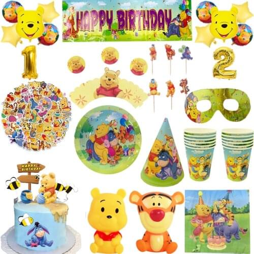 Winnie the Pooh Kids Birthday Party Decoration Disposable Tableware Set Cups Dish Straw Tablecloth Baby Shower Supplies
