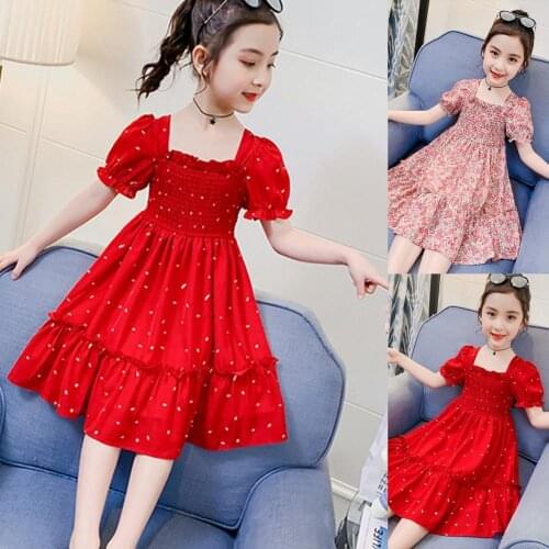 New Summer Children Girl Dress 2-6T Puff Sleeve Lace Up Long Length Girls Lacework Square Collar Dresses Baby Cloth for Holiday