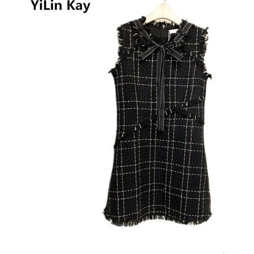YiLin Kay 2019 Newest Luxury Runway Designer Autumn Winter Dress Women Bow-tie fringed tweed vest dress
