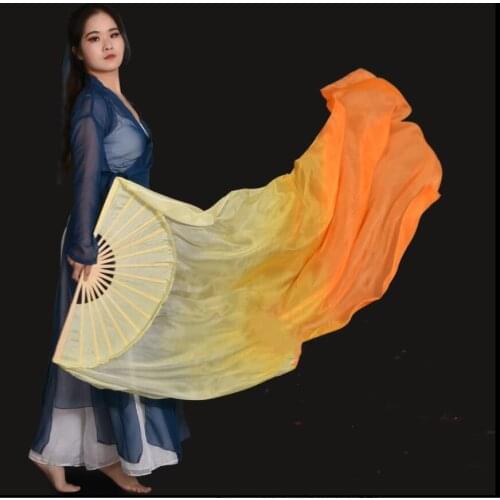 New Orange Gradient Silk Veil Dance Fan Soft Belly Dance Silk Bamboo Handle Long Fans Veils Extra Long 100% Silk 1 Pair