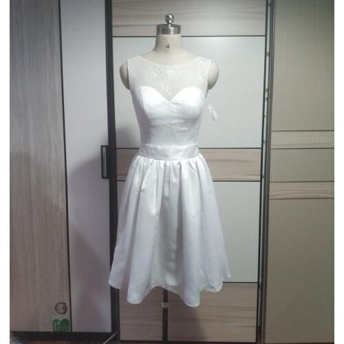 New womens short dress, bride wedding bridesmaid dress, lace sleeveless prom dress, bow-knot belt decoration, knee length skirt