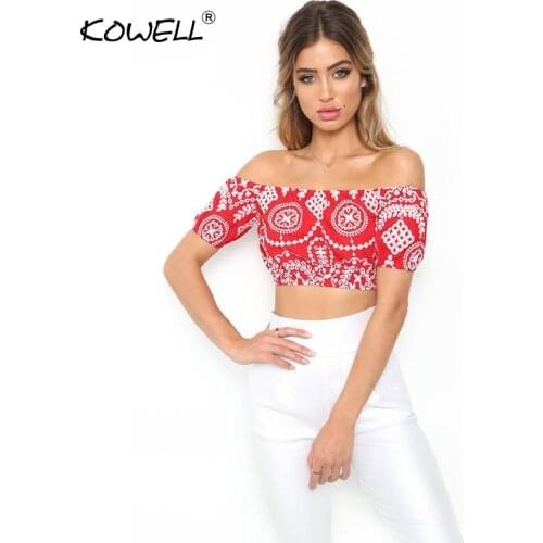 New Fashionable Slash Neck Off Shoulder Short Sleeve Floral Print Women Summer Casual Beach Crop Tops Short T Shirts