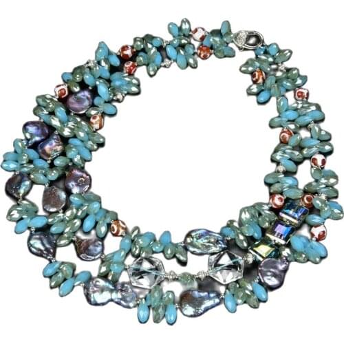 GG Jewelry 3Strands 25MM Black Keshi Pearl Blue Crystal Necklace