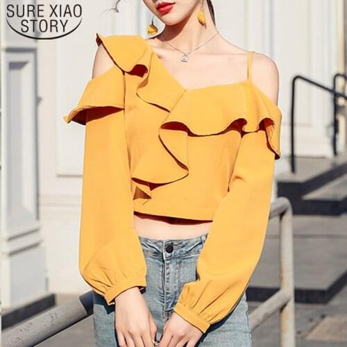 Casual Chiffon Ruffle Tops Korean Fashion Clothing Sexy Long Sleeve Off Shoulder Top Streetwear Irregular Blouse 8200 50