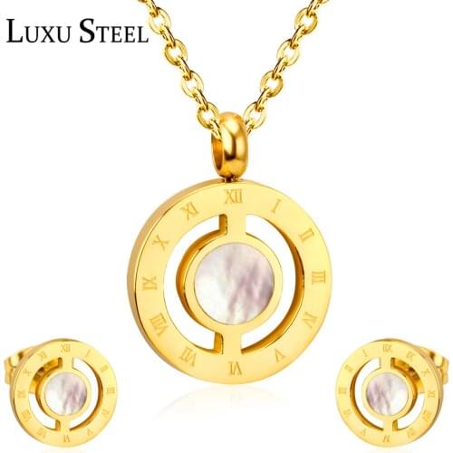 LUXUSTEEL Bijoux Female 2020 Stainless Steel Round Roman Numberal Pendant Necklace Earrings Brinco Classic Jewelry Sets