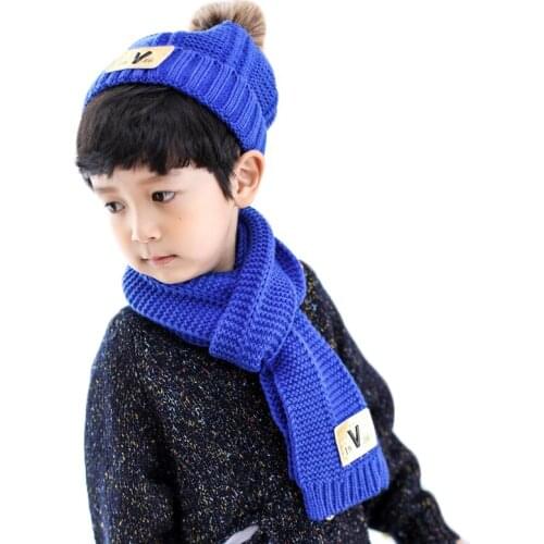 Autumn Winter Baby Knit Hats Scarf Two Suit Boy Girl Fur Ball Cap Pom Pom Beanies Children Plus Velvet Thickening Hat Collar Set