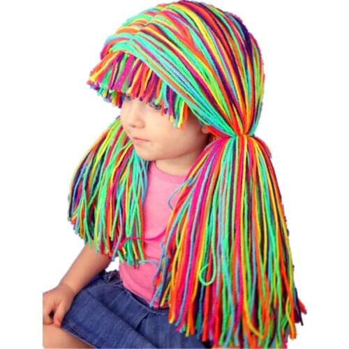 BomHCS Cute Kids Wig Hat Winter Warm 100% Handmade Crochet Knitted Beanie Cap Birthday Gift for Fun