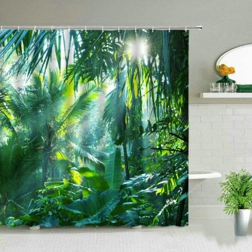 Tropical Green Plants Tulips Pink Flowers Shower Curtain Fashion Bathroom Curtains Waterproof Bathtub Decoration Bath Screen