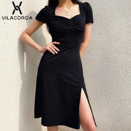 Vintage Square Neck Short Sleeve Skinny Women Dress Side Slit Sexy French Black Dresses Draped Stretch Female Slim Dress