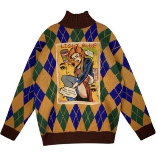Harajuku Oversize Turtleneck Womens Pullover Y2K Street Style Argyle Knit Warm Long Sweater 2021 Winter Printed Female Clothing