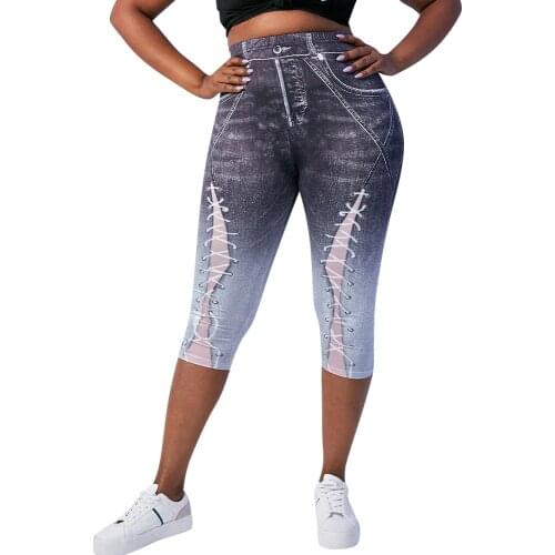 Plus Size Women Short Yoga Pencil Leggings Faux Denim Ladies Pants Vintage High Waist Female Elastic Slim Push Up Leggings 6XL