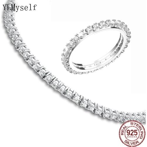 Solid Real 925 Sterling Silver Tennis Bracelet(15-21CM) + Ring (Size 5-9) Sets 2mm Zircon Fine Jewelry for Women