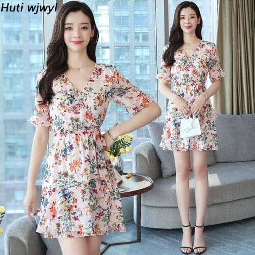2021 Plus Size Beach Vacation Mini Dresses Summer Vintage Floral Chiffon Boho Sexy Sundress Women Bodycon Party Elegant Vestidos