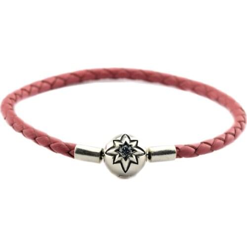Starry Sky Pink Clasp Leather Bracelets 100% 925 Sterling-Silver-Jewelry Free Shipping