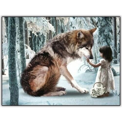 Little Girl with Wolf 5d Diamond Painting Picture Full Drill Square Diamond Paint Mosaic Embroidery Cross Stitch Kit Accessories