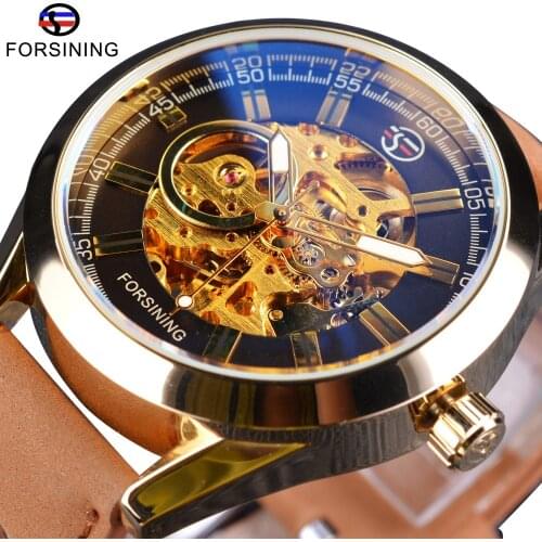 Forsining West Cowboy Military Wrist Watch Golden Case Genuine Leather Mens Watches Top Brand Luxury Automatic Skeleton Clock