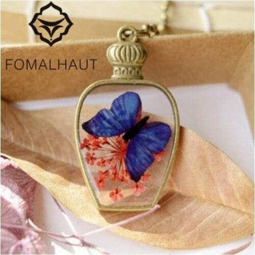 FOMALHAUT Natural dried lace flower butterfly Chain Necklace Long Strip bottle Pendant Necklace Women 2016 Jewelry SX-79