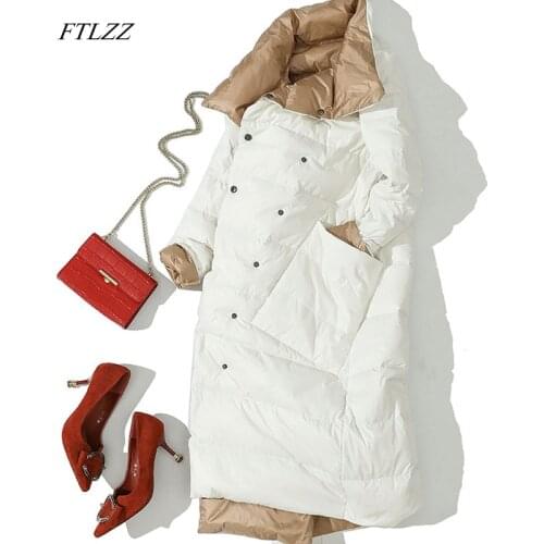 FTLZZ Women Double Side Long Jacket Winter Ultra Light White Duck Down Parka Breasted Plus Size 3xl Female Outwear