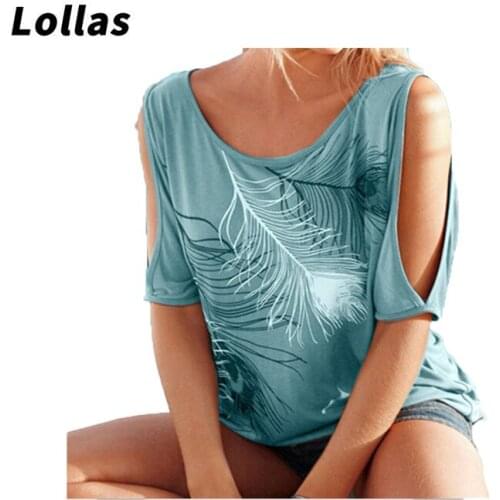 Lollas Feather Print Crew Neck Open Shoulder Short Sleeve T-Shirt