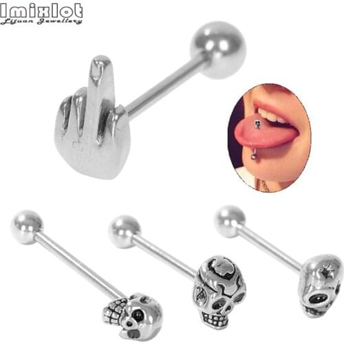 Imixlot 1pc Palm Skull Barbell Tongue Piercing Tongue Ring Stainless Steel Helix Piercing langue Ear Pircing Body Jewelry 16G