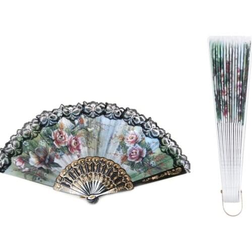 Spanish Style Hand Fan Decorative Design & Hollow Out Rib Peony Print Lace Trim Folding Fabric Hand Fan Colored