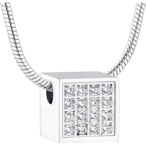 JJ001 Shiny Crystal Square Stainless Steel Cremation Necklaces Hold Ashes Stainless Steel Memorial Urn Jewelry Keepsake Pendant