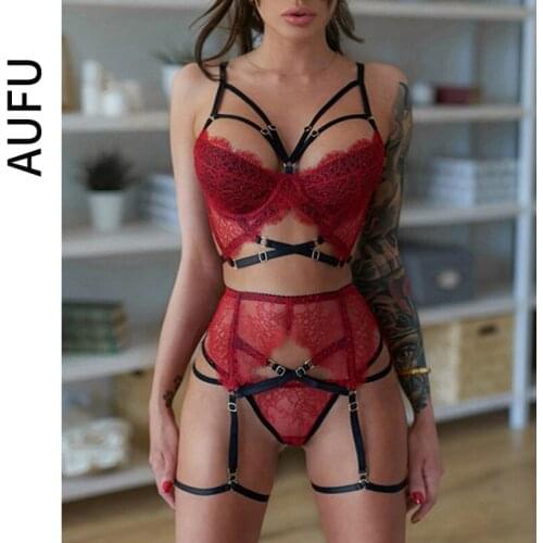 AUFU Goth Erotic Lingerie Bandage Womens Underwear Set Sexy Bra Brief 3 piece Sets Brassiere Wireless Red Breves Sets