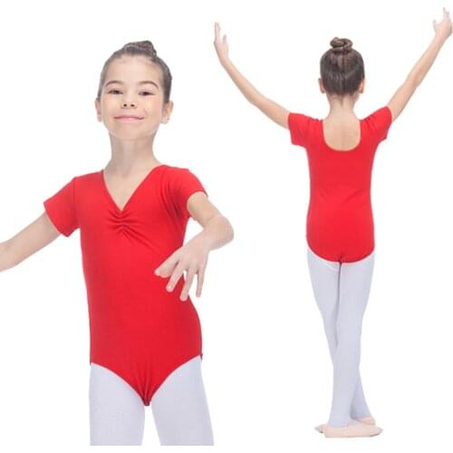 Red Cotton/Lycra Short Sleeve Leotards with Pinch Front Girls Bodysuit Kids Dancewear for Ballet Dance