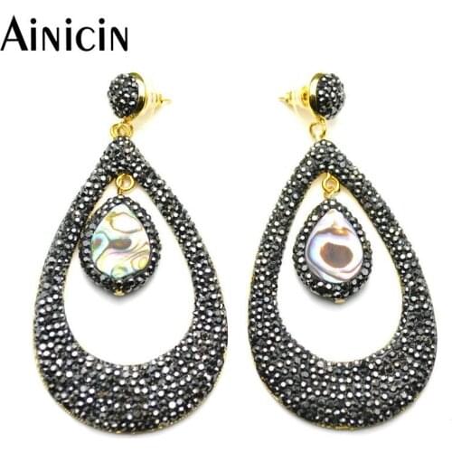 Exaggerated Fashion Women Jewelry Black Rhinestone Crystal Clay Paved Rainbow Abalone Shell Dangle Earrings Party Jewelry Gift
