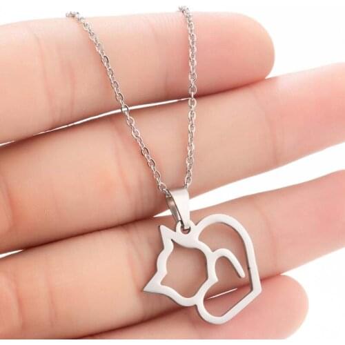Sweet Stainless Steel Cute Heart Cat Pendant Necklace For Girl Funny Kitten Meow Choker Necklace Love Bijoux Pet Lover Jewelry