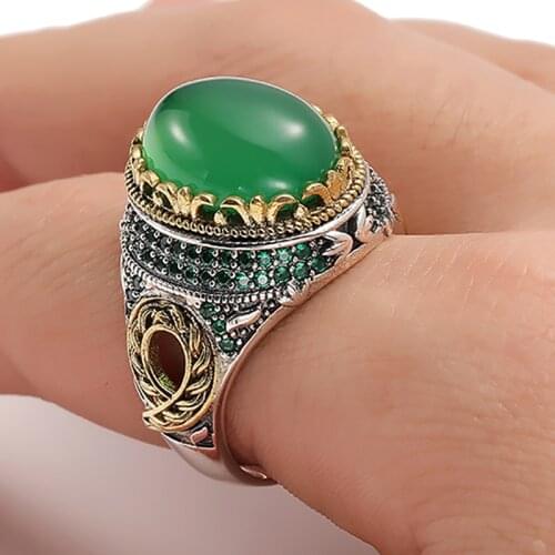 Fashion Personality Vintage Green Zircon Printed Thread Hollow Ring for Men Jewelry Gift