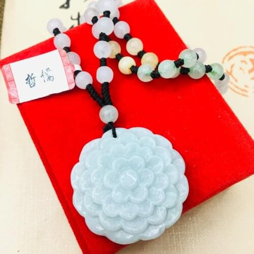 Send A-level national certificate Natural Burmese jadeite carving good luck flower rich pendant tricolor jade bead necklace