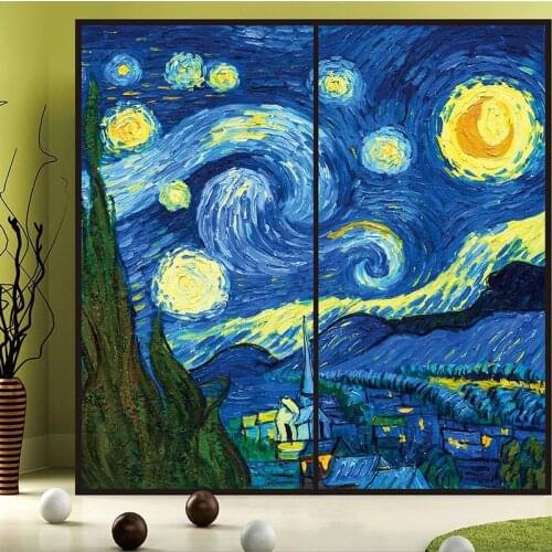 Custom Size Forested Glass Films Static Film PVC Wardrobe Door Window Sticker Starry Night Oil Painting Drop-Shipping 60cmx100cm