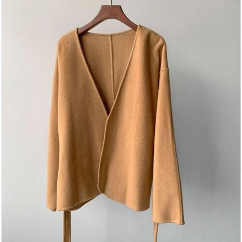 Nordic Niche Curved Silhouette Lace-up Waist Grey Cashmere Jacket Camel Woolen Coat