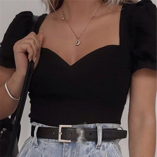 Solid Color Retro Stylish T-Shirt Female Summer Short Puff Sleeve Square Collar Slim Wild Streetwear Crop Tops for Dating