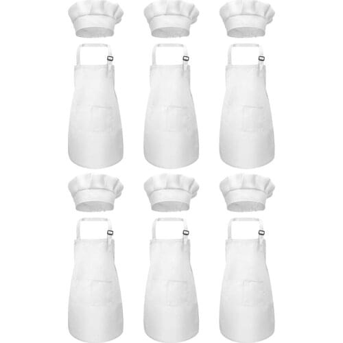 Practical 12-Piece Apron and Chef Hat Set, Adjustable Childrens Apron with Pockets (White, Suitable for 2-6 Year Old S)