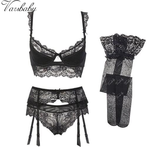 Varsbaby letter stockings sexy lace bra set bra+panties+garter+stockings 4pcs/lots for women