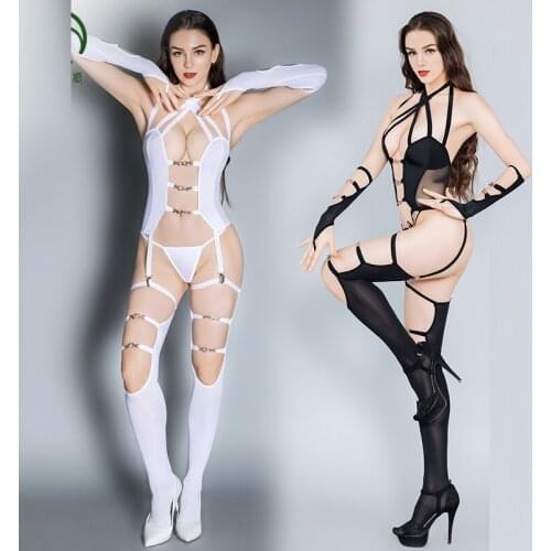 Hollow Out Bandage Exotic Pole Dance Night Clubwear Sexy Hot Erotic Lingerie Body Harness Suit Babydoll Garter Belt Stockings