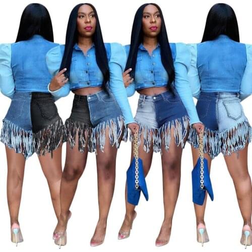 Woman denim Jean Shorts Contrast color tassel Zipper Button Jean Shorts S-2XL 2Color S390113
