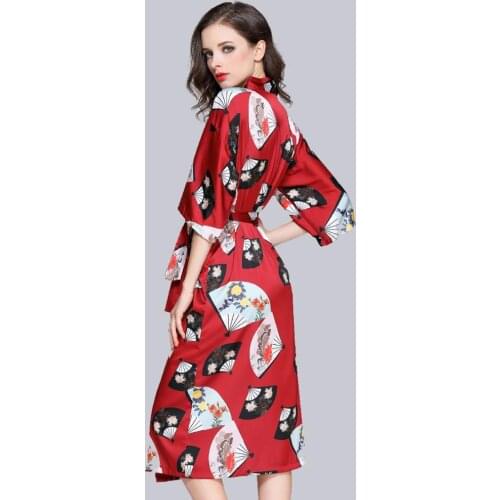 Winer red Female Robe Kimono Bathrobe Gown With Belt Print Flower Sleepwear Sexy Nightgown Nightwear Lady Wedding Gift