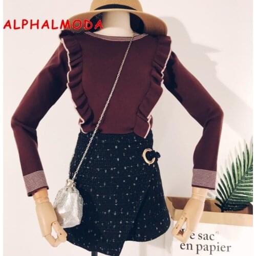ALPHALMODA Sweet Ruffled Jumpers Ruffled Knitted Striped Sweater Preppy Pullovers Winter Clothes Women Pull Femme Slim Fit