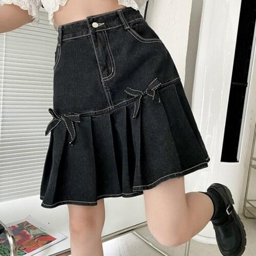 Zoki Denim Women Pleated Skirt High Waist Summer Black Bow A Line Mini Skirt Vintage Harajuku Casual Pocket Jeans Girls Skirt