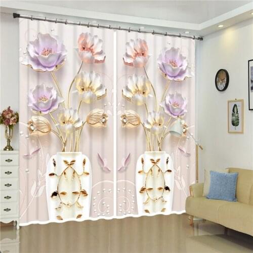3D Luxury Blackout Curtain Classic Home Vase Pattern, Colored Flowers Bedroom Living Room Office Hotel Cortinas