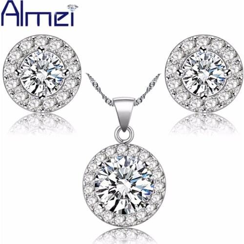 Almei 49% off Crystal Jewelry Sets for Women Girls Silver Jewellery Flower Necklace Set CZ Zircon Earrings for Wedding JST001