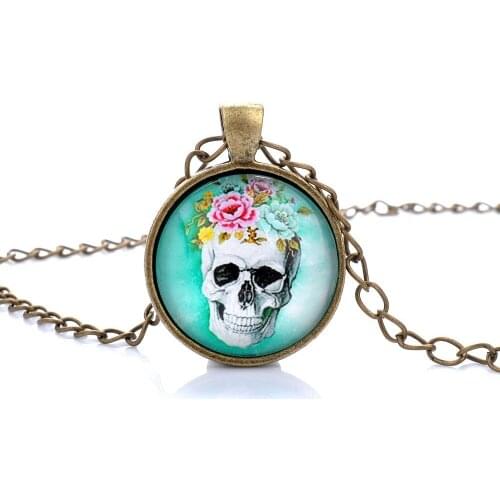 Lureme Elegant Jewelry Necklace Skull with Flower Glass Picture Pengdant Bronze Chain Necklaces for Women Party Accessories