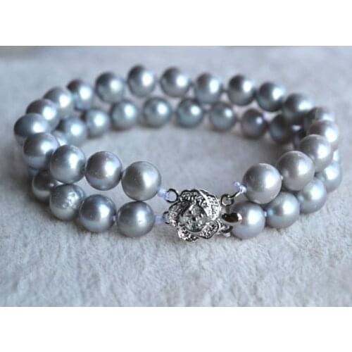 Perfect Pearl Jewellery,7inches 2Rows 7-8mm Gray Potato Freshwater Pearl Bracelet,Silvers Flower Clasp,New Free Shipping