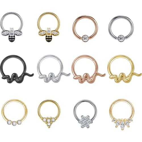 ZS 16G Stainless Steel Nose Rings Crystal Septum Piercing Women Rose Gold Color Bee Snake Conch Helix Earrings Piercing Jewelry